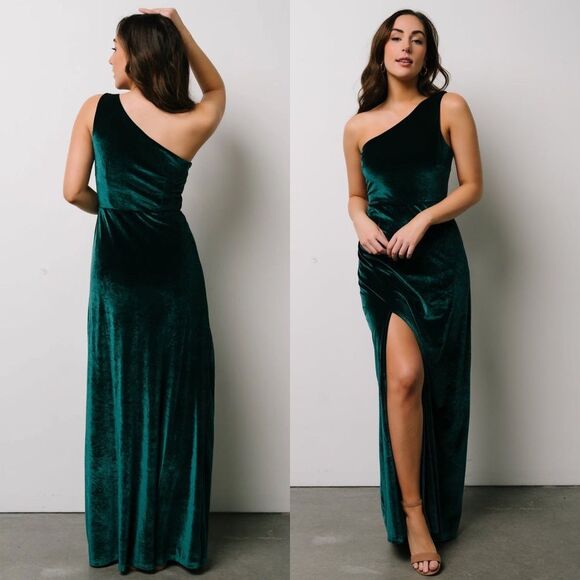 Baltic Born One-Shoulder Velvet Dress - Emerald and Black - Picture 1 of 9